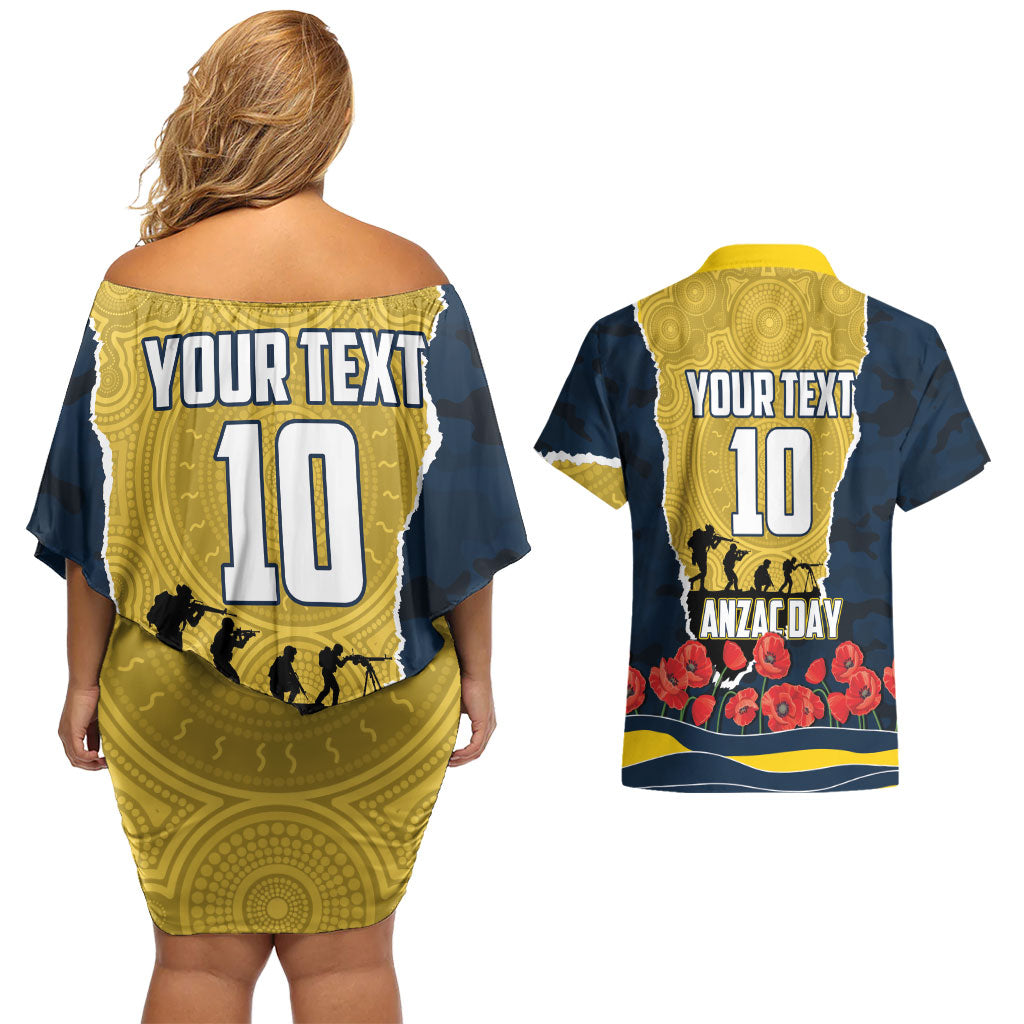 Personalized Cowboys ANZAC Tribute Couples Matching Off Shoulder Short Dress and Hawaiian Shirt Poppy Field Soldier Silhouette Aboriginal Rugby Mascot