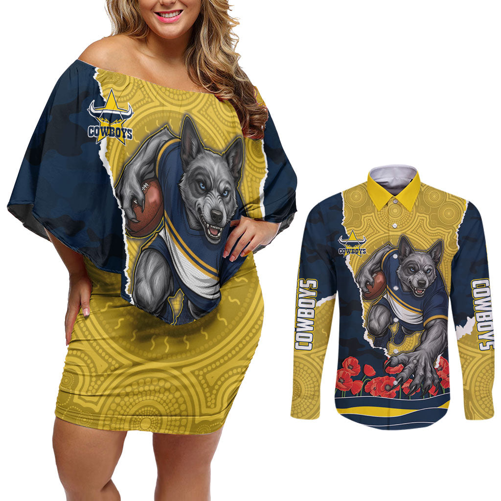 Personalized Cowboys ANZAC Tribute Couples Matching Off Shoulder Short Dress and Long Sleeve Button Shirt Poppy Field Soldier Silhouette Aboriginal Rugby Mascot