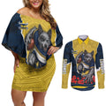 Personalized Cowboys ANZAC Tribute Couples Matching Off Shoulder Short Dress and Long Sleeve Button Shirt Poppy Field Soldier Silhouette Aboriginal Rugby Mascot