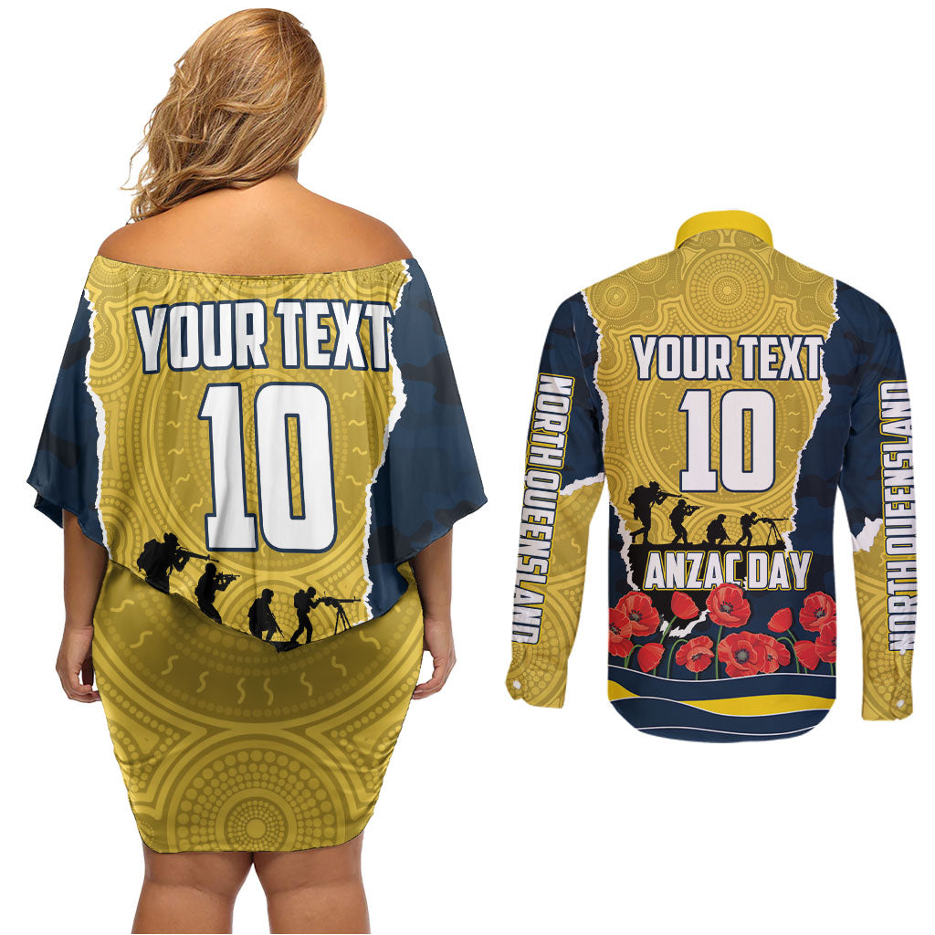 Personalized Cowboys ANZAC Tribute Couples Matching Off Shoulder Short Dress and Long Sleeve Button Shirt Poppy Field Soldier Silhouette Aboriginal Rugby Mascot