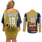 Personalized Cowboys ANZAC Tribute Couples Matching Off Shoulder Short Dress and Long Sleeve Button Shirt Poppy Field Soldier Silhouette Aboriginal Rugby Mascot