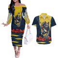 Personalized Cowboys ANZAC Tribute Couples Matching Off The Shoulder Long Sleeve Dress and Hawaiian Shirt Poppy Field Soldier Silhouette Aboriginal Rugby Mascot
