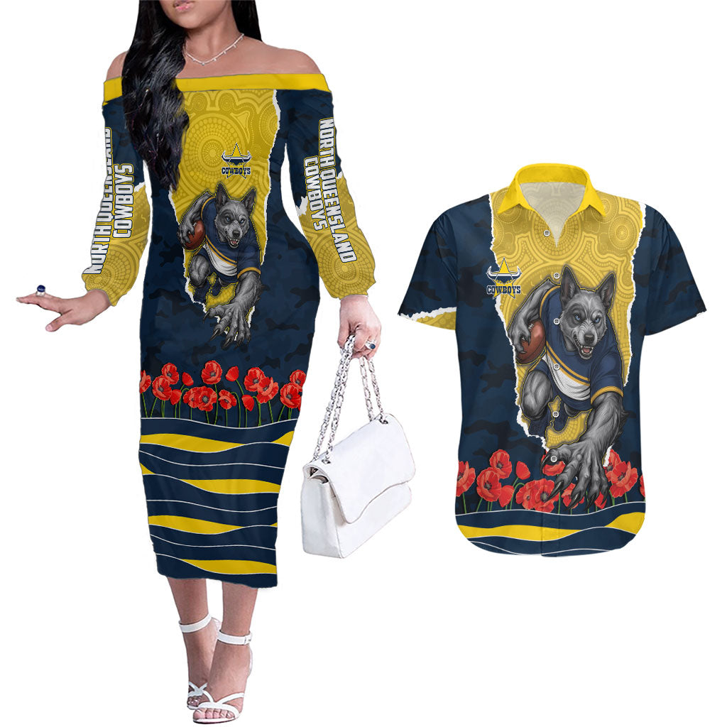 Personalized Cowboys ANZAC Tribute Couples Matching Off The Shoulder Long Sleeve Dress and Hawaiian Shirt Poppy Field Soldier Silhouette Aboriginal Rugby Mascot