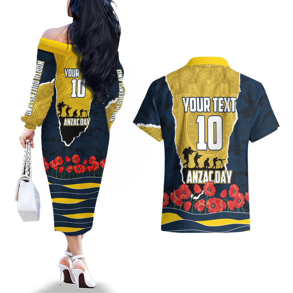Personalized Cowboys ANZAC Tribute Couples Matching Off The Shoulder Long Sleeve Dress and Hawaiian Shirt Poppy Field Soldier Silhouette Aboriginal Rugby Mascot