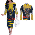 Personalized Cowboys ANZAC Tribute Couples Matching Off The Shoulder Long Sleeve Dress and Long Sleeve Button Shirt Poppy Field Soldier Silhouette Aboriginal Rugby Mascot