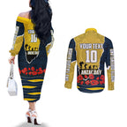 Personalized Cowboys ANZAC Tribute Couples Matching Off The Shoulder Long Sleeve Dress and Long Sleeve Button Shirt Poppy Field Soldier Silhouette Aboriginal Rugby Mascot