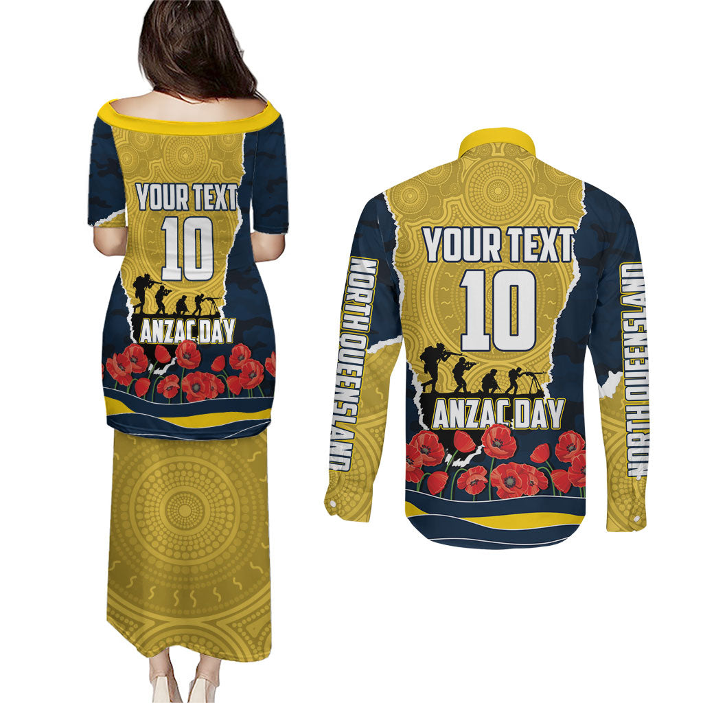 Personalized Cowboys ANZAC Tribute Couples Matching Puletasi and Long Sleeve Button Shirt Poppy Field Soldier Silhouette Aboriginal Rugby Mascot