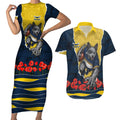 Personalized Cowboys ANZAC Tribute Couples Matching Short Sleeve Bodycon Dress and Hawaiian Shirt Poppy Field Soldier Silhouette Aboriginal Rugby Mascot