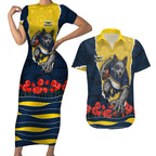 Personalized Cowboys ANZAC Tribute Couples Matching Short Sleeve Bodycon Dress and Hawaiian Shirt Poppy Field Soldier Silhouette Aboriginal Rugby Mascot