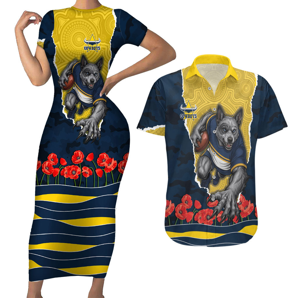Personalized Cowboys ANZAC Tribute Couples Matching Short Sleeve Bodycon Dress and Hawaiian Shirt Poppy Field Soldier Silhouette Aboriginal Rugby Mascot