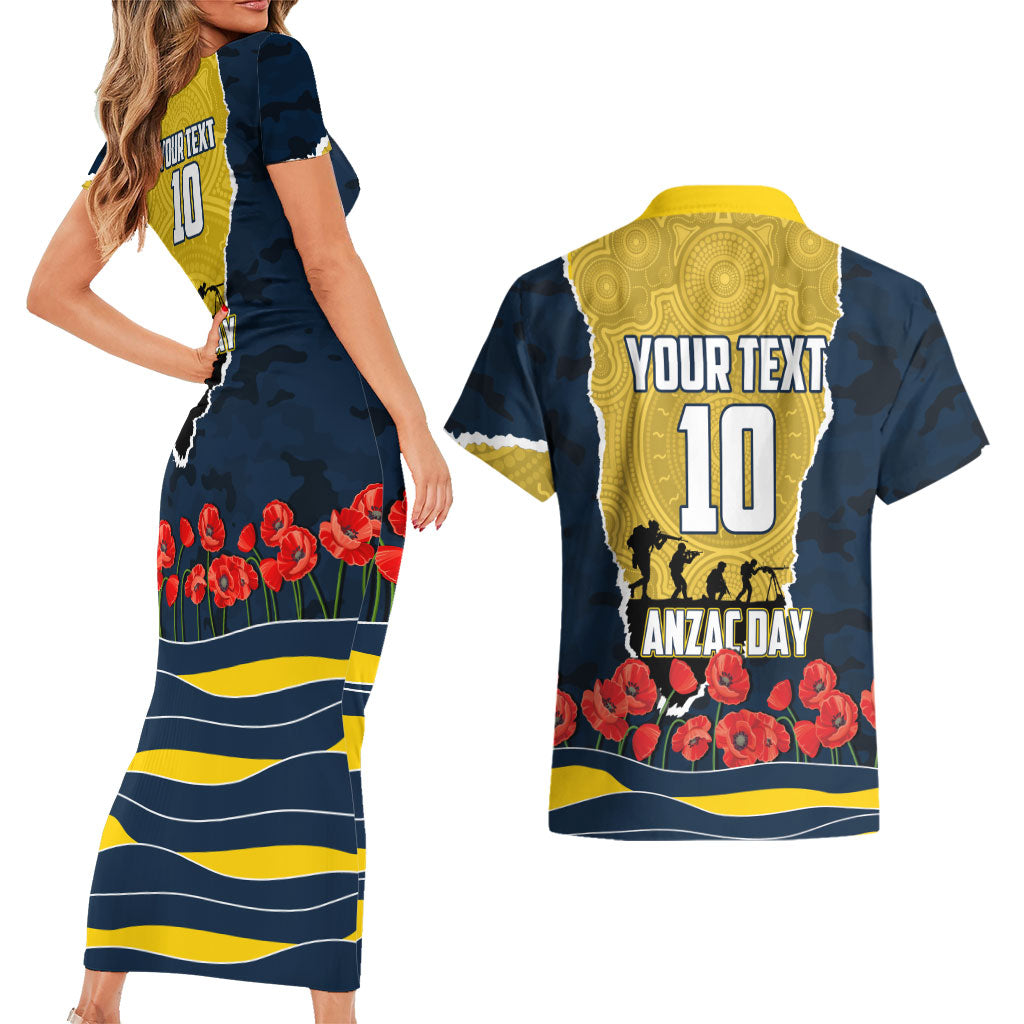 Personalized Cowboys ANZAC Tribute Couples Matching Short Sleeve Bodycon Dress and Hawaiian Shirt Poppy Field Soldier Silhouette Aboriginal Rugby Mascot