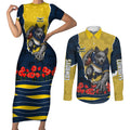 Personalized Cowboys ANZAC Tribute Couples Matching Short Sleeve Bodycon Dress and Long Sleeve Button Shirt Poppy Field Soldier Silhouette Aboriginal Rugby Mascot