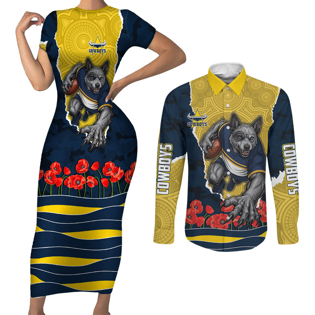 Personalized Cowboys ANZAC Tribute Couples Matching Short Sleeve Bodycon Dress and Long Sleeve Button Shirt Poppy Field Soldier Silhouette Aboriginal Rugby Mascot