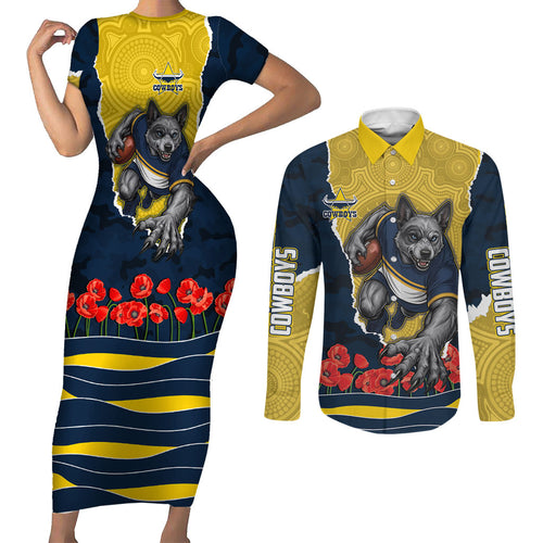 Personalized Cowboys ANZAC Tribute Couples Matching Short Sleeve Bodycon Dress and Long Sleeve Button Shirt Poppy Field Soldier Silhouette Aboriginal Rugby Mascot