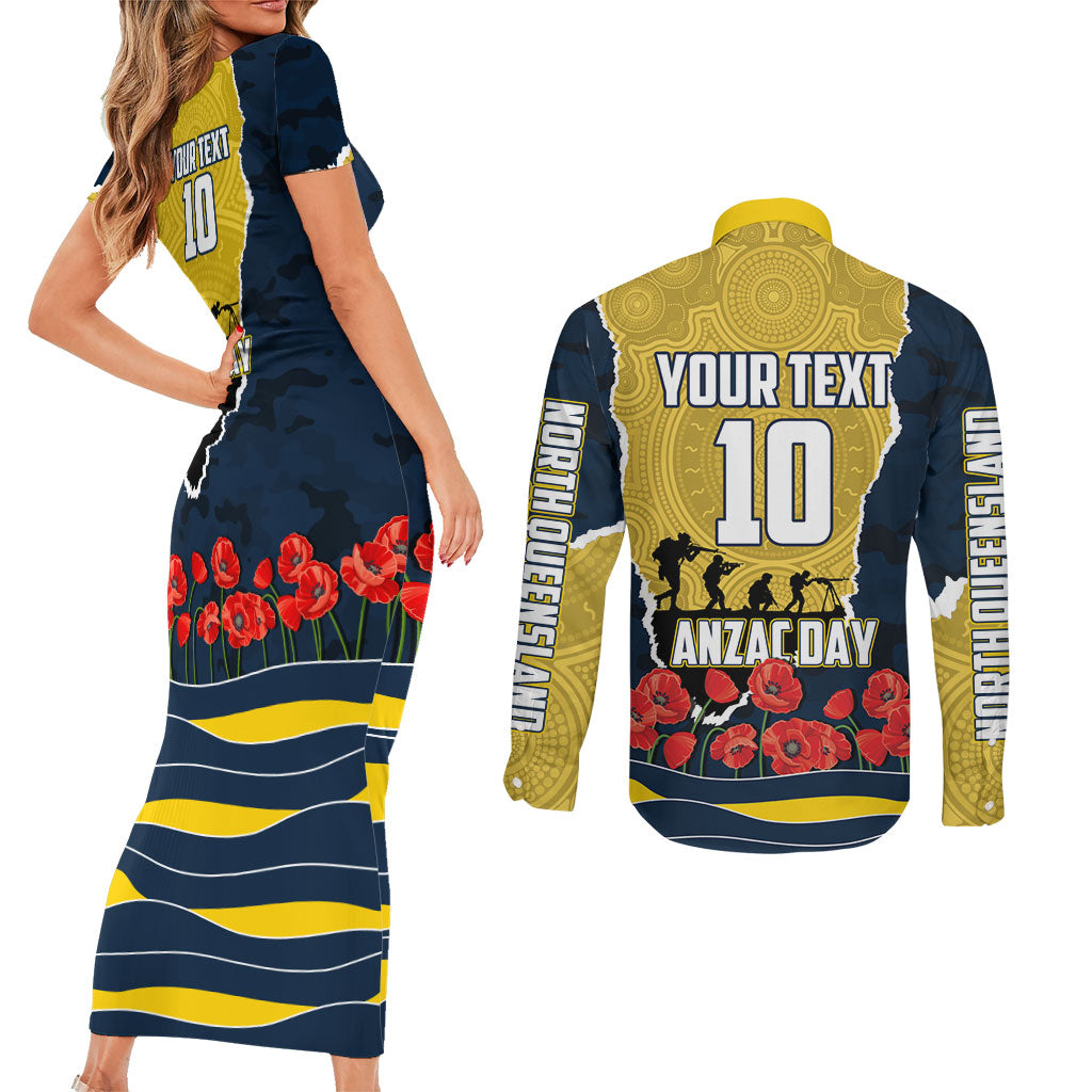 Personalized Cowboys ANZAC Tribute Couples Matching Short Sleeve Bodycon Dress and Long Sleeve Button Shirt Poppy Field Soldier Silhouette Aboriginal Rugby Mascot