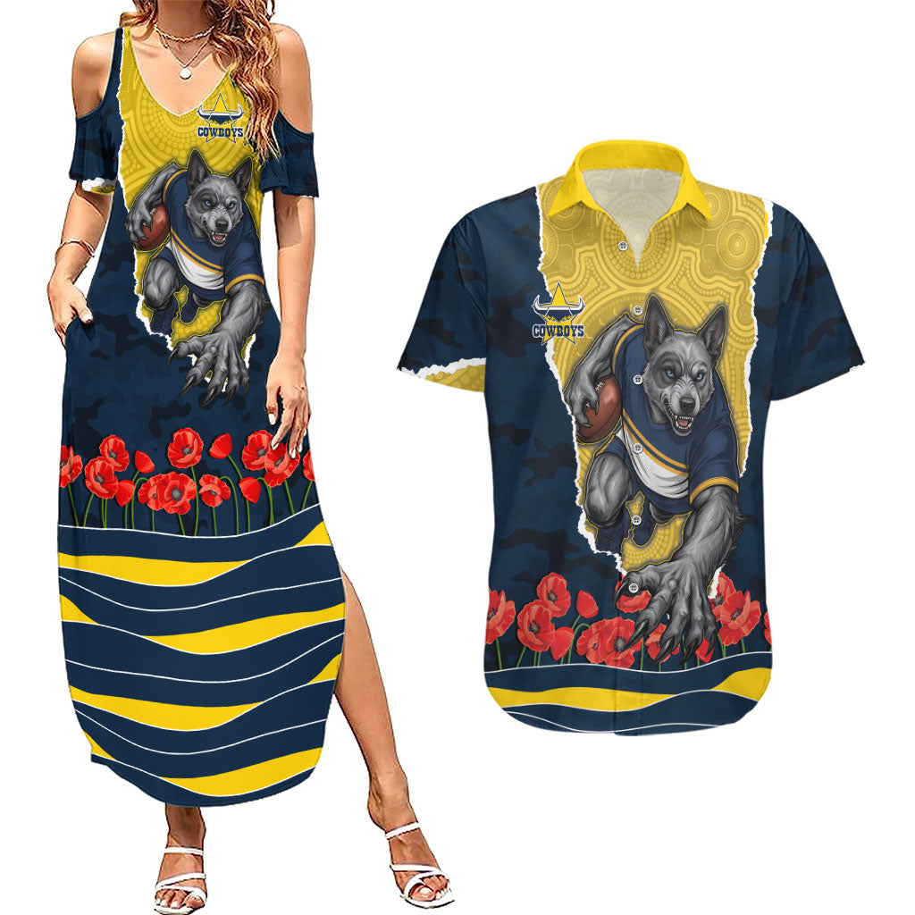 Personalized Cowboys ANZAC Tribute Couples Matching Summer Maxi Dress and Hawaiian Shirt Poppy Field Soldier Silhouette Aboriginal Rugby Mascot
