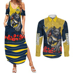 Personalized Cowboys ANZAC Tribute Couples Matching Summer Maxi Dress and Long Sleeve Button Shirt Poppy Field Soldier Silhouette Aboriginal Rugby Mascot