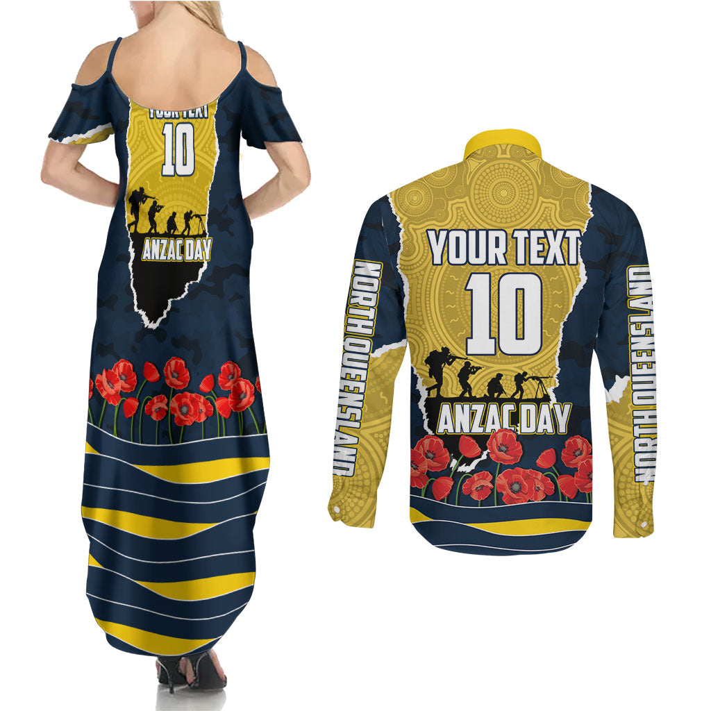 Personalized Cowboys ANZAC Tribute Couples Matching Summer Maxi Dress and Long Sleeve Button Shirt Poppy Field Soldier Silhouette Aboriginal Rugby Mascot