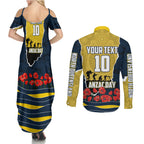 Personalized Cowboys ANZAC Tribute Couples Matching Summer Maxi Dress and Long Sleeve Button Shirt Poppy Field Soldier Silhouette Aboriginal Rugby Mascot