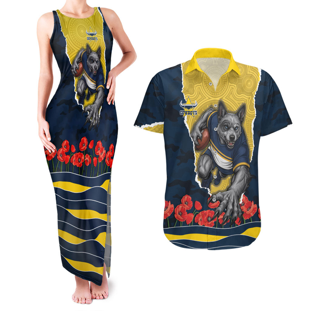 Personalized Cowboys ANZAC Tribute Couples Matching Tank Maxi Dress and Hawaiian Shirt Poppy Field Soldier Silhouette Aboriginal Rugby Mascot