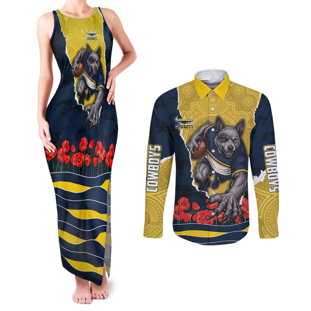 Personalized Cowboys ANZAC Tribute Couples Matching Tank Maxi Dress and Long Sleeve Button Shirt Poppy Field Soldier Silhouette Aboriginal Rugby Mascot
