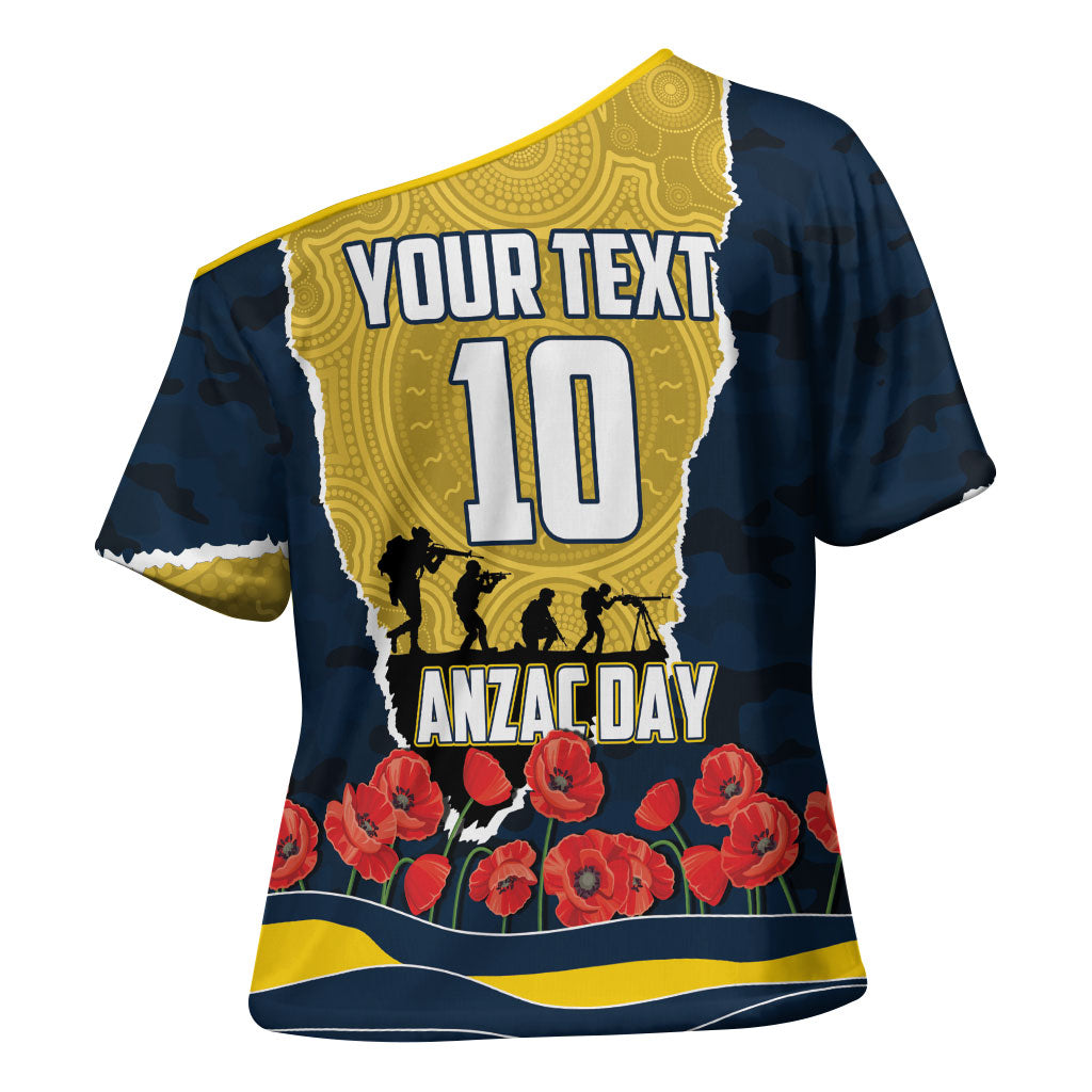 Personalized Cowboys ANZAC Tribute Cross Shoulder Shirt Poppy Field Soldier Silhouette Aboriginal Rugby Mascot