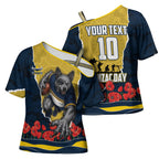 Personalized Cowboys ANZAC Tribute Cross Shoulder Shirt Poppy Field Soldier Silhouette Aboriginal Rugby Mascot