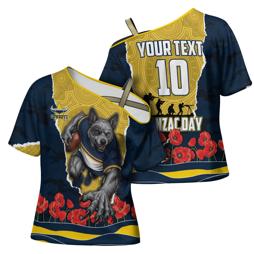 Personalized Cowboys ANZAC Tribute Cross Shoulder Shirt Poppy Field Soldier Silhouette Aboriginal Rugby Mascot