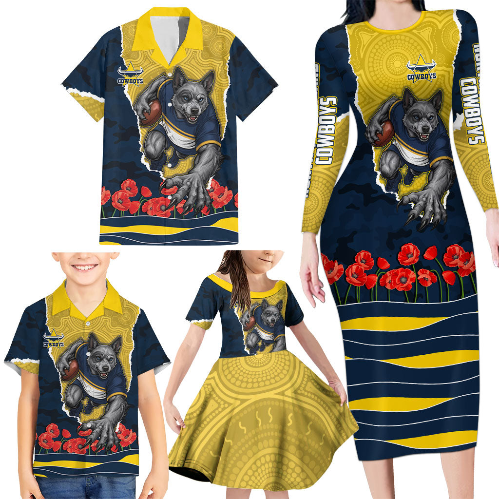 Personalized Cowboys ANZAC Tribute Family Matching Long Sleeve Bodycon Dress and Hawaiian Shirt Poppy Field Soldier Silhouette Aboriginal Rugby Mascot