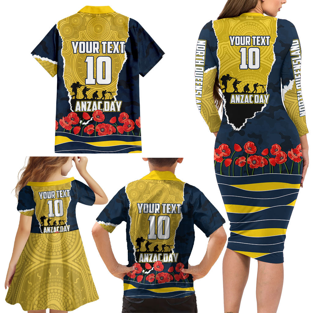 Personalized Cowboys ANZAC Tribute Family Matching Long Sleeve Bodycon Dress and Hawaiian Shirt Poppy Field Soldier Silhouette Aboriginal Rugby Mascot