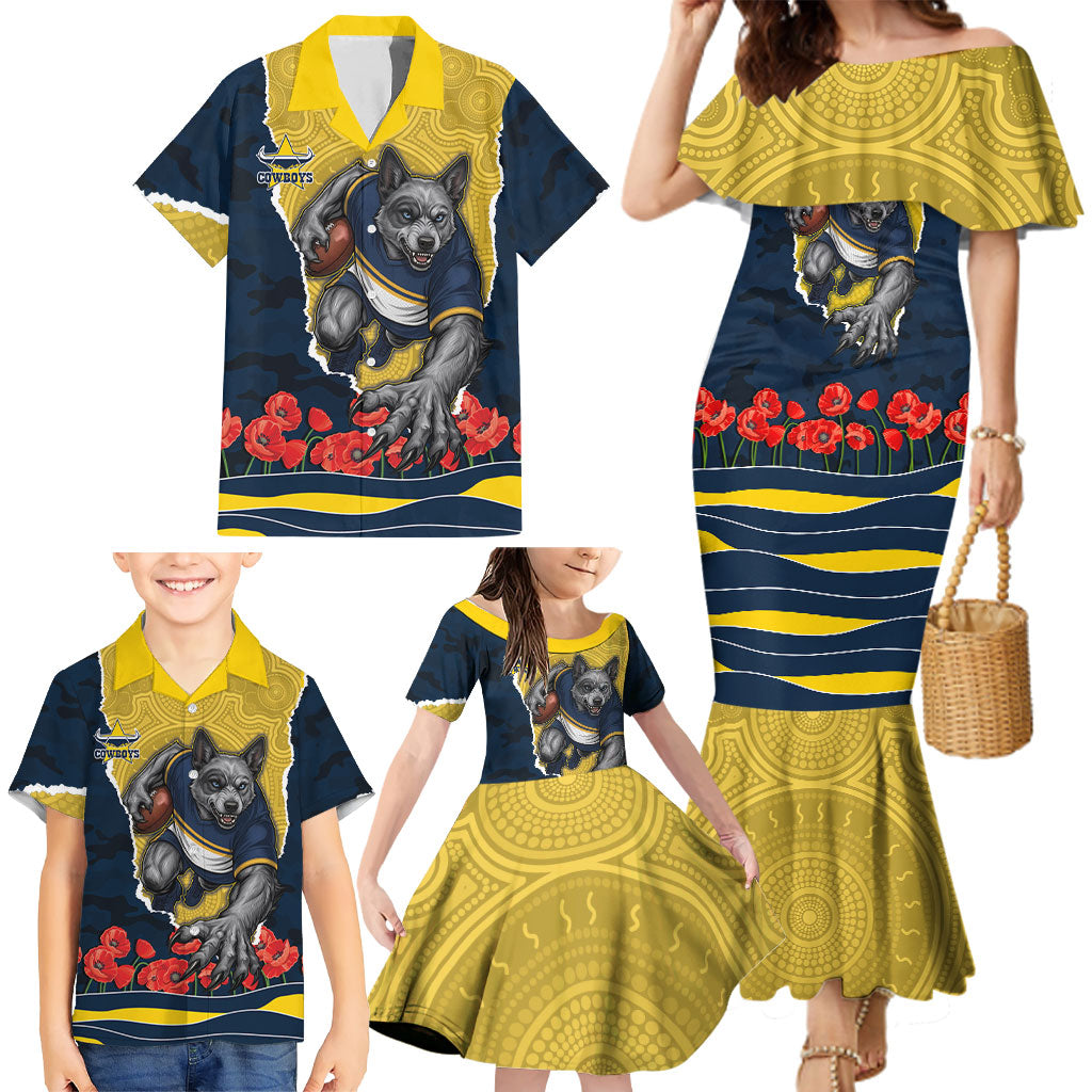 Personalized Cowboys ANZAC Tribute Family Matching Mermaid Dress and Hawaiian Shirt Poppy Field Soldier Silhouette Aboriginal Rugby Mascot