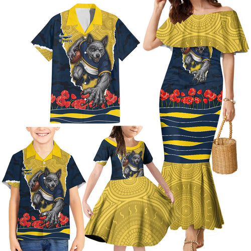 Personalized Cowboys ANZAC Tribute Family Matching Mermaid Dress and Hawaiian Shirt Poppy Field Soldier Silhouette Aboriginal Rugby Mascot