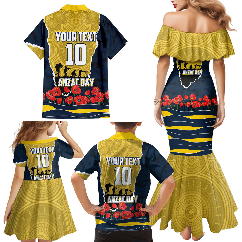 Personalized Cowboys ANZAC Tribute Family Matching Mermaid Dress and Hawaiian Shirt Poppy Field Soldier Silhouette Aboriginal Rugby Mascot