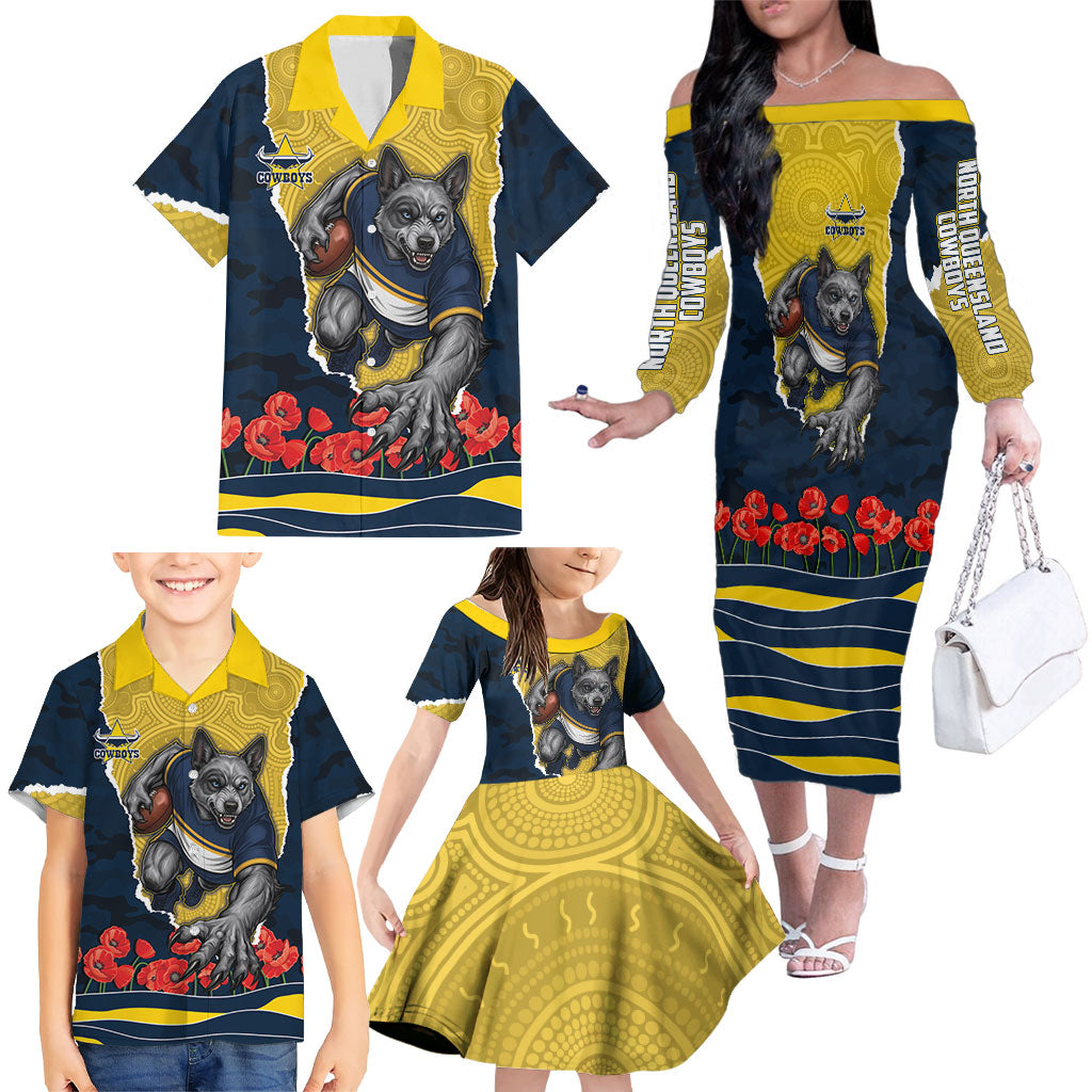 Personalized Cowboys ANZAC Tribute Family Matching Off The Shoulder Long Sleeve Dress and Hawaiian Shirt Poppy Field Soldier Silhouette Aboriginal Rugby Mascot