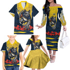 Personalized Cowboys ANZAC Tribute Family Matching Off The Shoulder Long Sleeve Dress and Hawaiian Shirt Poppy Field Soldier Silhouette Aboriginal Rugby Mascot