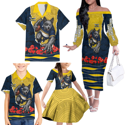 Personalized Cowboys ANZAC Tribute Family Matching Off The Shoulder Long Sleeve Dress and Hawaiian Shirt Poppy Field Soldier Silhouette Aboriginal Rugby Mascot