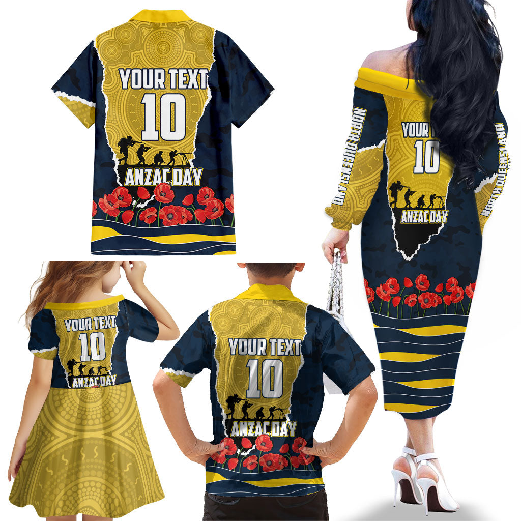 Personalized Cowboys ANZAC Tribute Family Matching Off The Shoulder Long Sleeve Dress and Hawaiian Shirt Poppy Field Soldier Silhouette Aboriginal Rugby Mascot