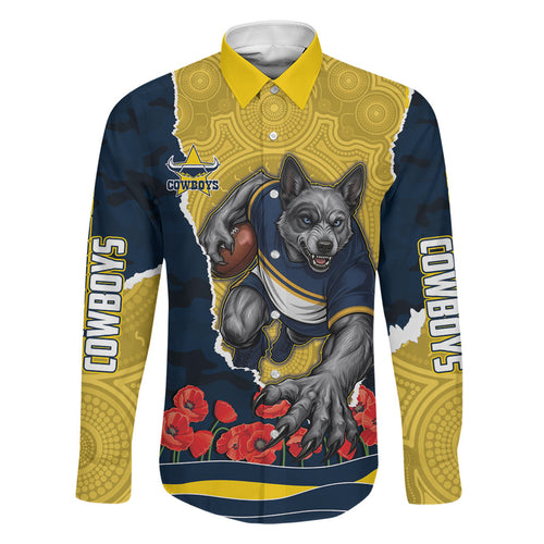 Personalized Cowboys ANZAC Tribute Family Matching Off The Shoulder Long Sleeve Dress and Hawaiian Shirt Poppy Field Soldier Silhouette Aboriginal Rugby Mascot