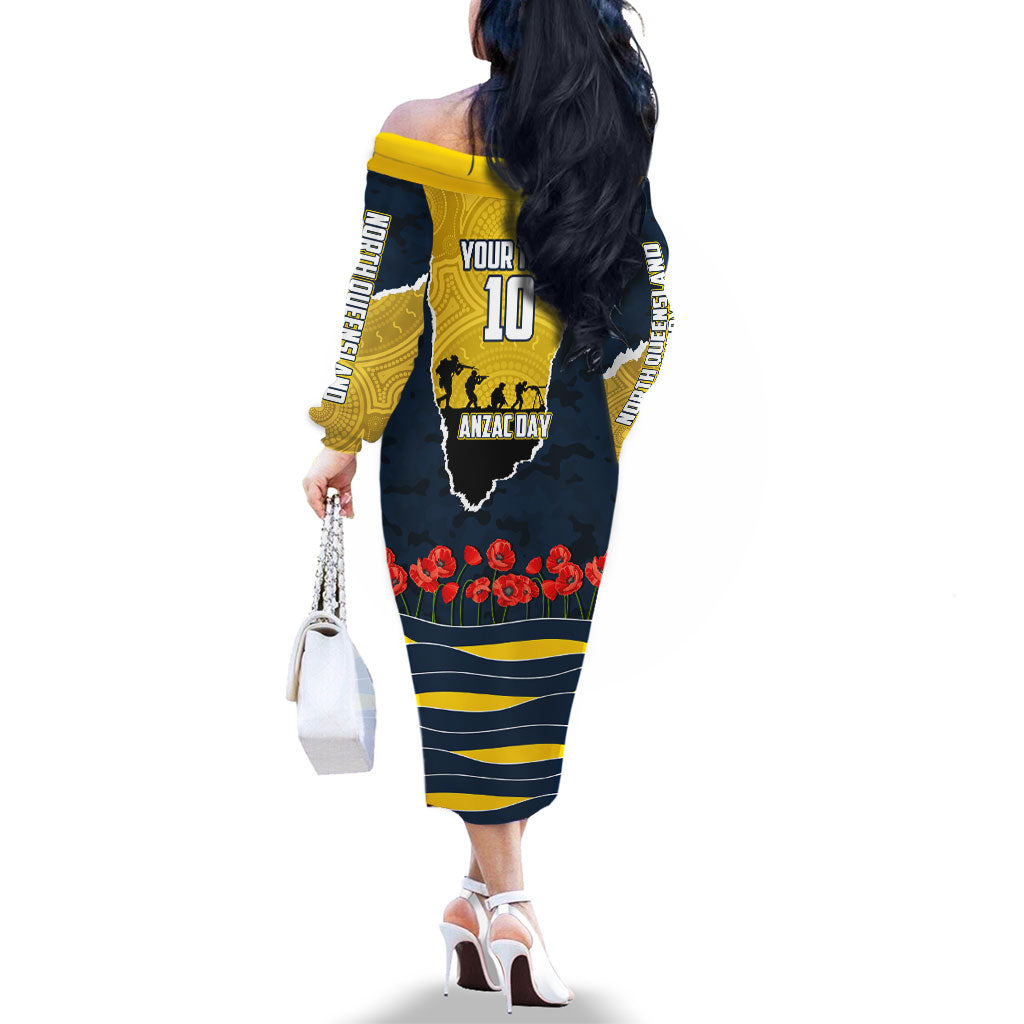 Personalized Cowboys ANZAC Tribute Family Matching Off The Shoulder Long Sleeve Dress and Hawaiian Shirt Poppy Field Soldier Silhouette Aboriginal Rugby Mascot