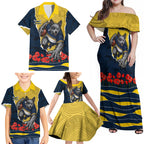 Personalized Cowboys ANZAC Tribute Family Matching Off Shoulder Maxi Dress and Hawaiian Shirt Poppy Field Soldier Silhouette Aboriginal Rugby Mascot