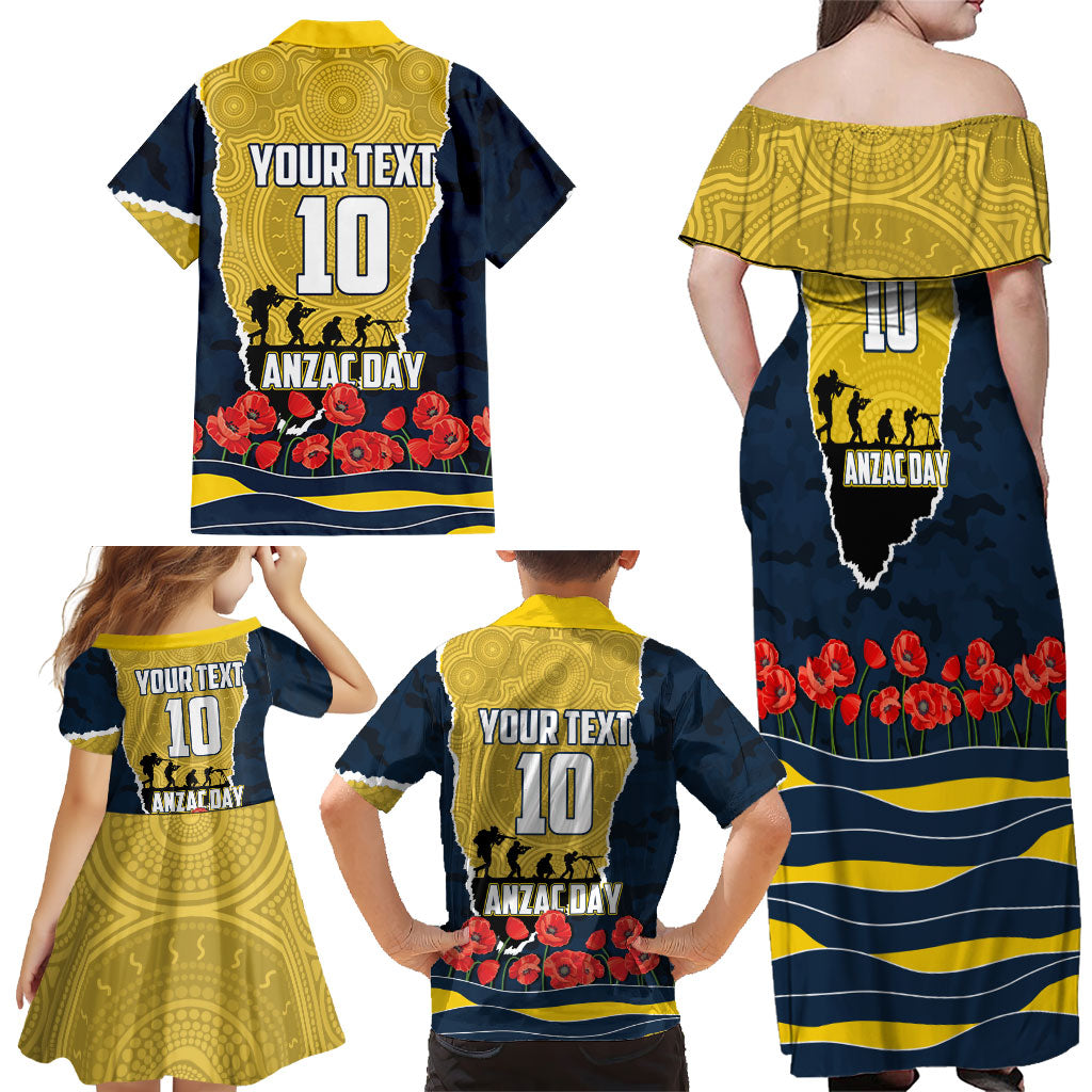 Personalized Cowboys ANZAC Tribute Family Matching Off Shoulder Maxi Dress and Hawaiian Shirt Poppy Field Soldier Silhouette Aboriginal Rugby Mascot