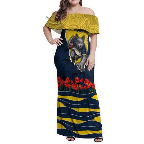 Personalized Cowboys ANZAC Tribute Family Matching Off Shoulder Maxi Dress and Hawaiian Shirt Poppy Field Soldier Silhouette Aboriginal Rugby Mascot