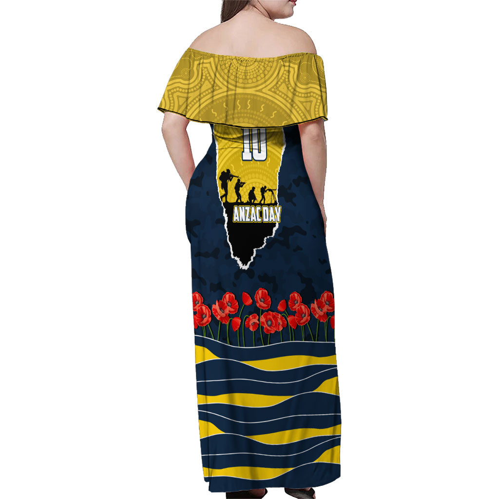 Personalized Cowboys ANZAC Tribute Family Matching Off Shoulder Maxi Dress and Hawaiian Shirt Poppy Field Soldier Silhouette Aboriginal Rugby Mascot