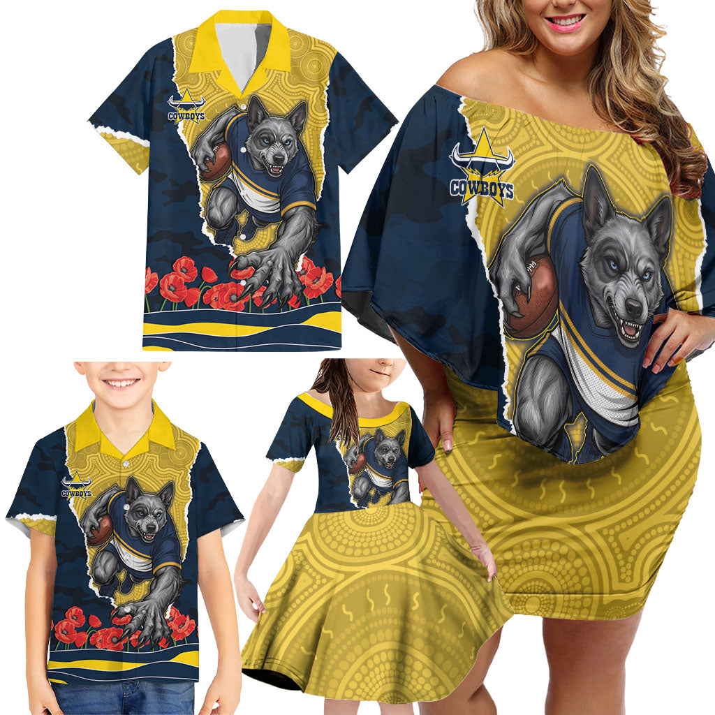 Personalized Cowboys ANZAC Tribute Family Matching Off Shoulder Short Dress and Hawaiian Shirt Poppy Field Soldier Silhouette Aboriginal Rugby Mascot