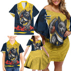 Personalized Cowboys ANZAC Tribute Family Matching Off Shoulder Short Dress and Hawaiian Shirt Poppy Field Soldier Silhouette Aboriginal Rugby Mascot