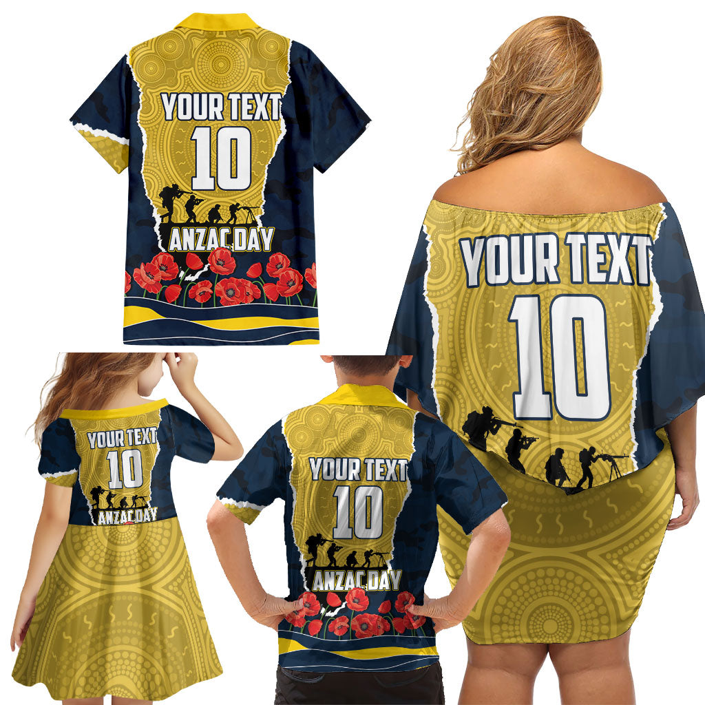 Personalized Cowboys ANZAC Tribute Family Matching Off Shoulder Short Dress and Hawaiian Shirt Poppy Field Soldier Silhouette Aboriginal Rugby Mascot