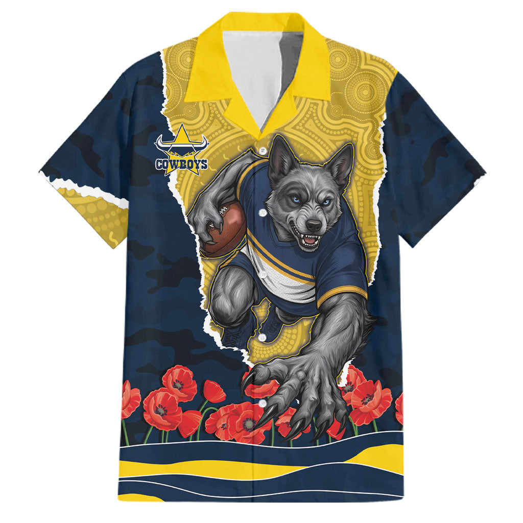 Personalized Cowboys ANZAC Tribute Family Matching Off Shoulder Short Dress and Hawaiian Shirt Poppy Field Soldier Silhouette Aboriginal Rugby Mascot