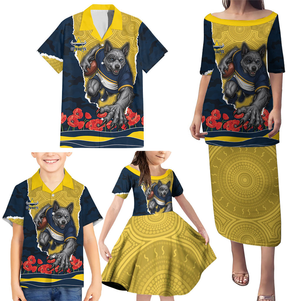 Personalized Cowboys ANZAC Tribute Family Matching Puletasi and Hawaiian Shirt Poppy Field Soldier Silhouette Aboriginal Rugby Mascot
