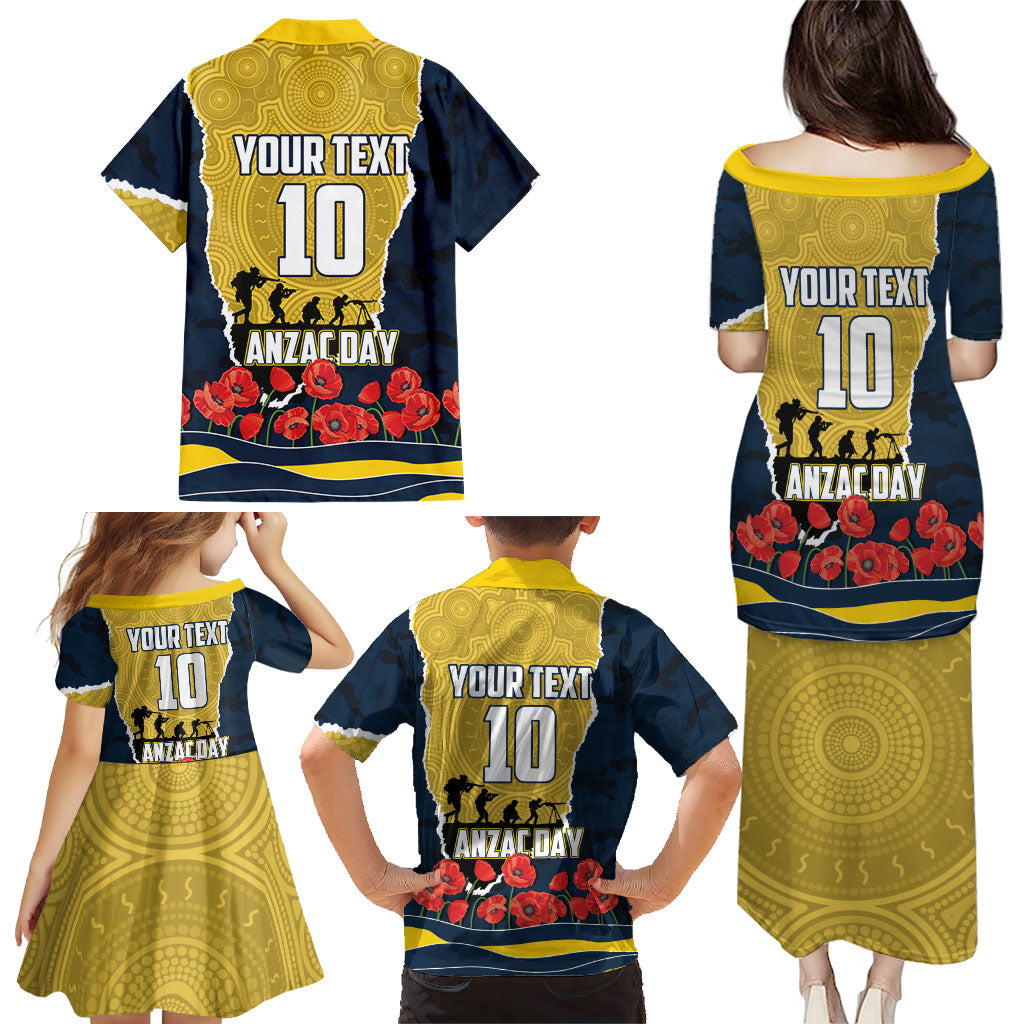 Personalized Cowboys ANZAC Tribute Family Matching Puletasi and Hawaiian Shirt Poppy Field Soldier Silhouette Aboriginal Rugby Mascot