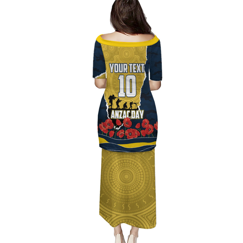 Personalized Cowboys ANZAC Tribute Family Matching Puletasi and Hawaiian Shirt Poppy Field Soldier Silhouette Aboriginal Rugby Mascot